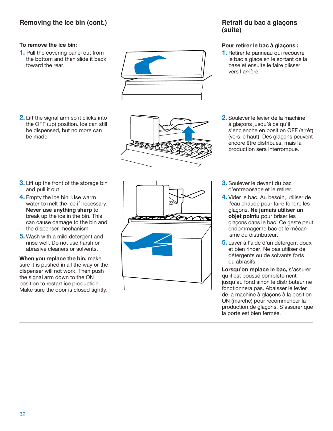 Whirlpool RS20AQXFN00 manual Removing the ice bin, Retrait du bac à glaçons suite, To remove the ice bin 