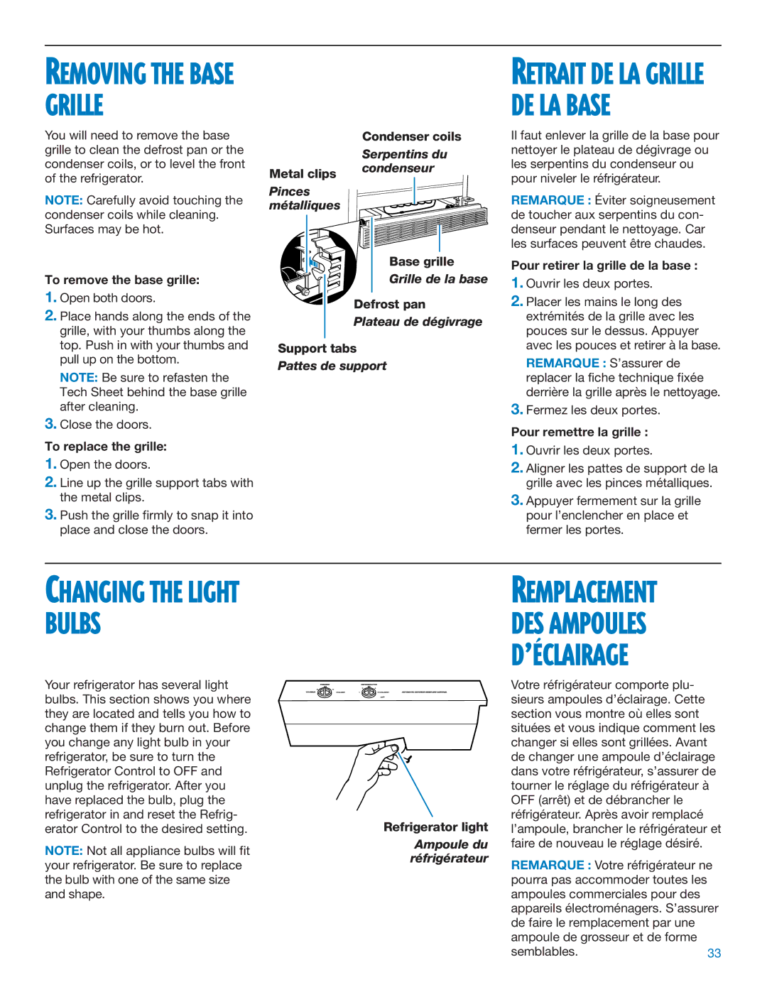 Whirlpool RS20AQXFN00 manual Metal clips Condenser coils, To remove the base grille, To replace the grille, Defrost pan 