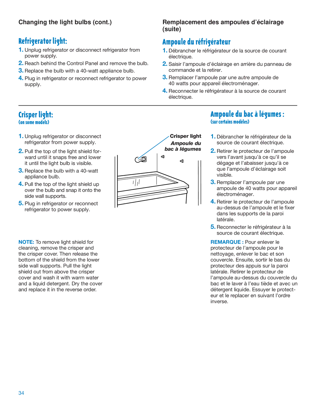 Whirlpool RS20AQXFN00 manual Refrigerator light, Ampoule du rŽfrigŽrateur, Crisper light, Changing the light bulbs 