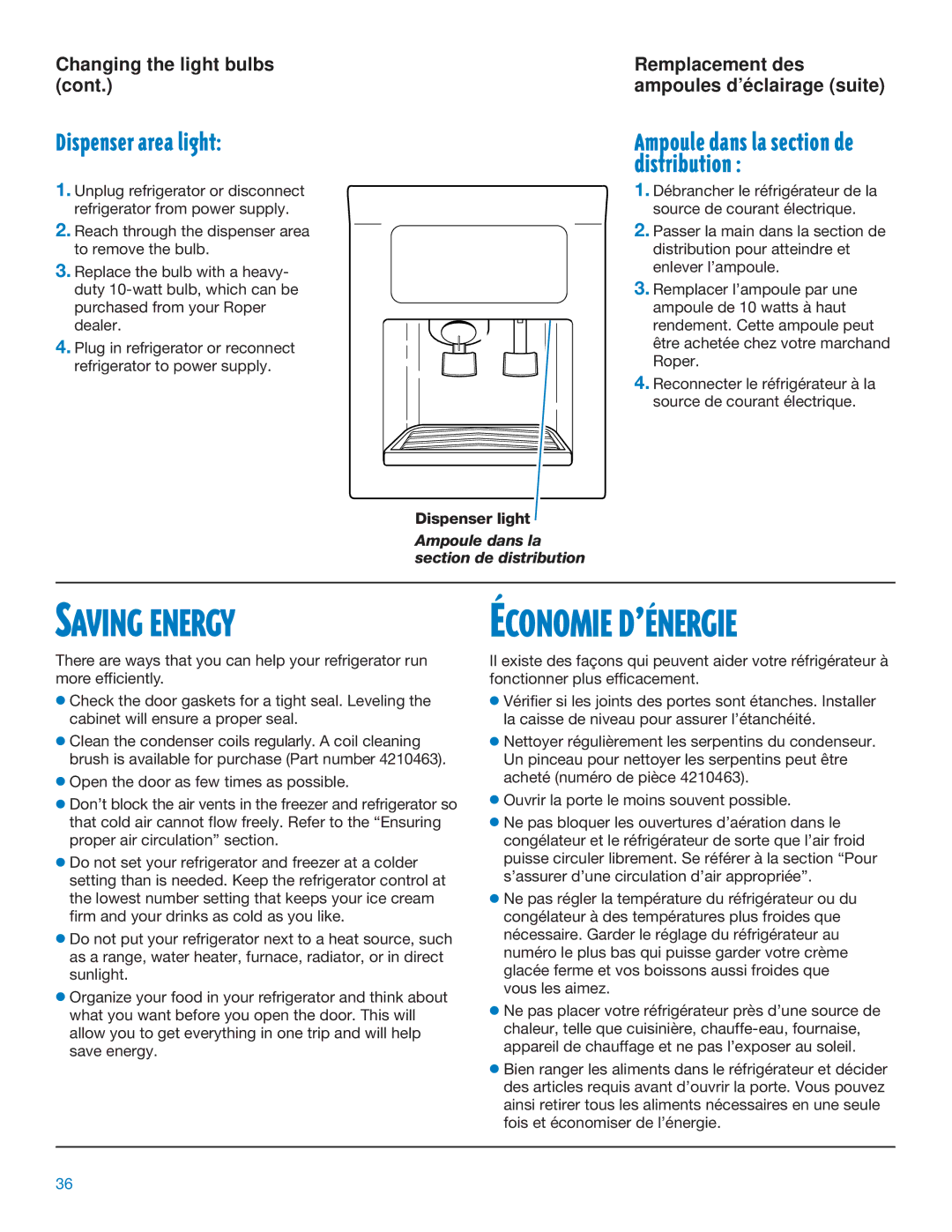 Whirlpool RS20AQXFN00 Saving Energy, Dispenser area light, Changing the light bulbs Remplacement des Cont, Dispenser light 