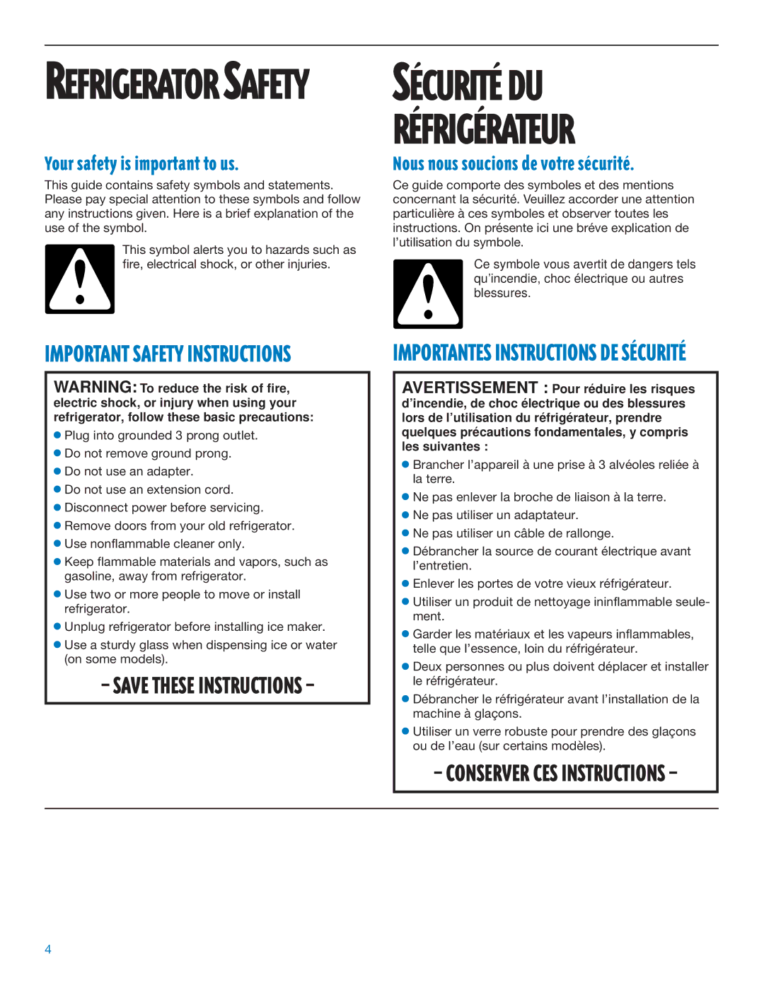 Whirlpool RS20AQXFN00 manual Refrigerator Safety, Your safety is important to us 