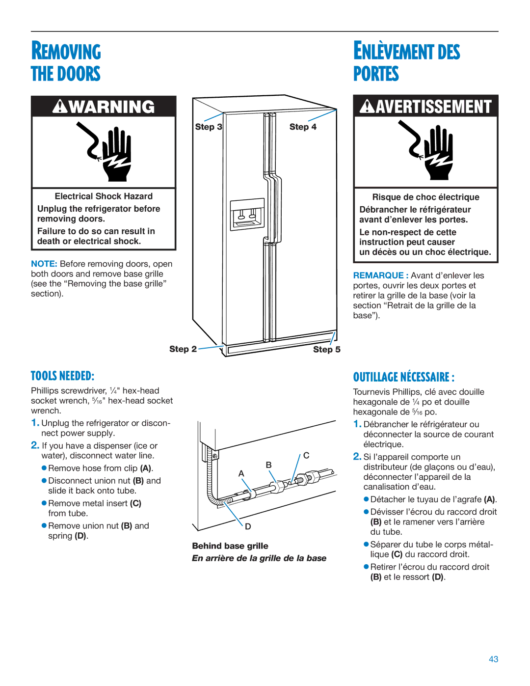 Whirlpool RS20AQXFN00 manual Removing, Doors Portes, Behind base grille 