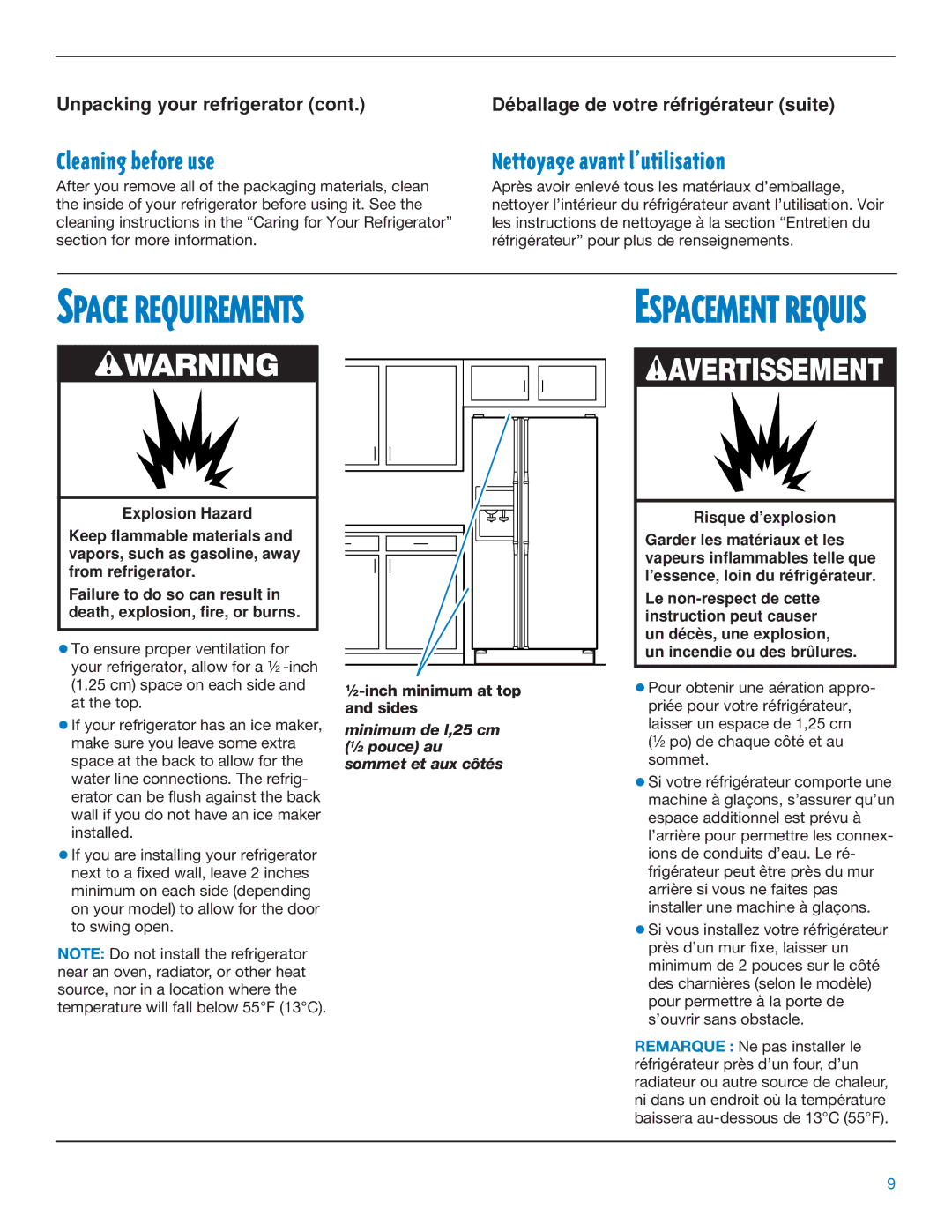 Whirlpool RS20AQXFN00 Space Requirements, Cleaning before use, Nettoyage avant lÕutilisation, Unpacking your refrigerator 