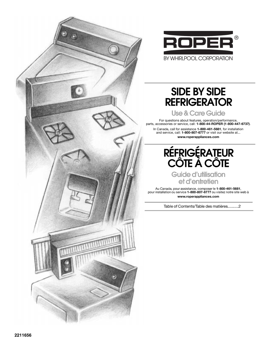 Whirlpool RS22AQXGN00 manual Side by Side Refrigerator, Réfrigérateur Côte À Côte, Use & Care Guide 