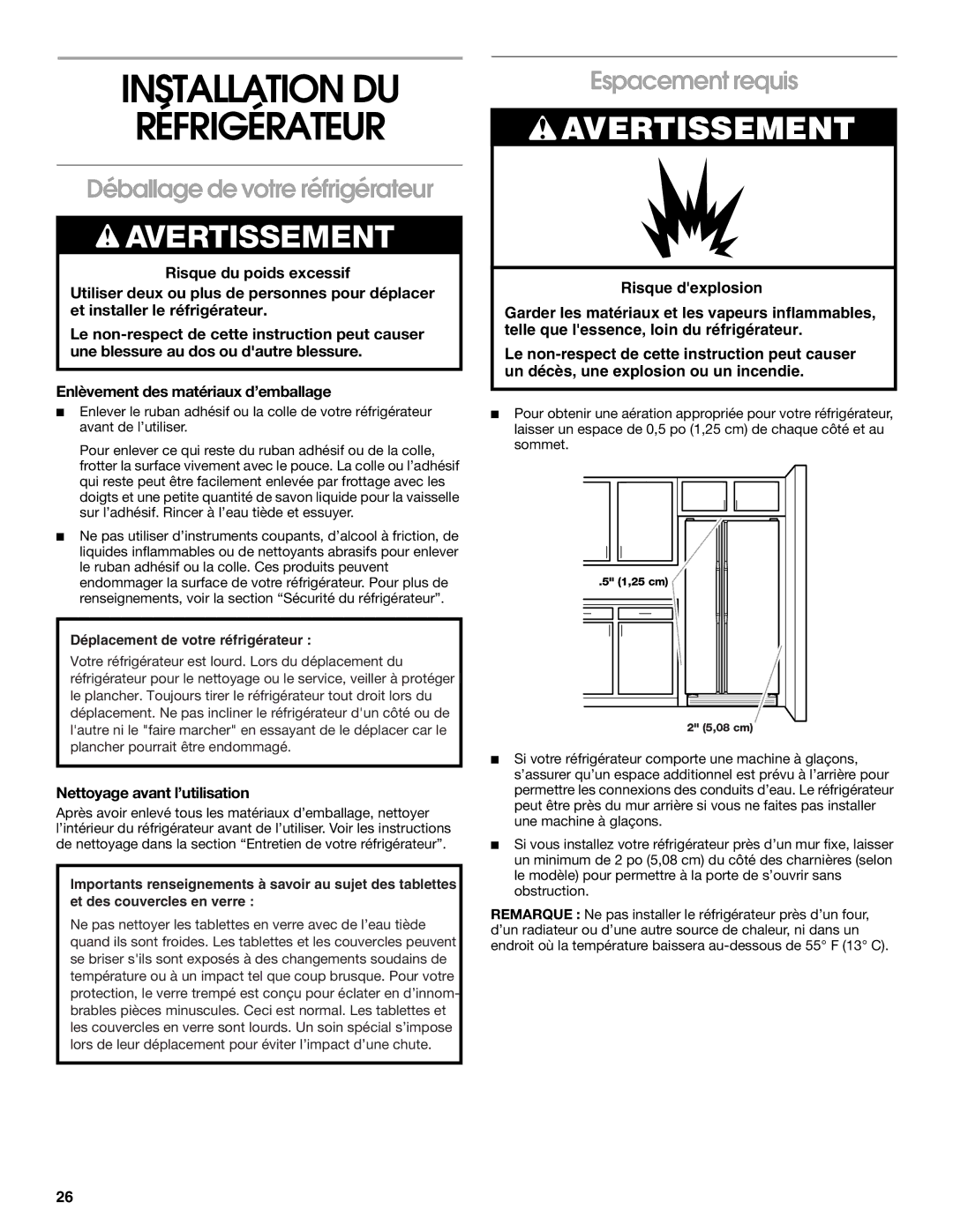 Whirlpool RS22AQXGN00 manual Installation DU Réfrigérateur, Déballage de votre réfrigérateur, Espacement requis 