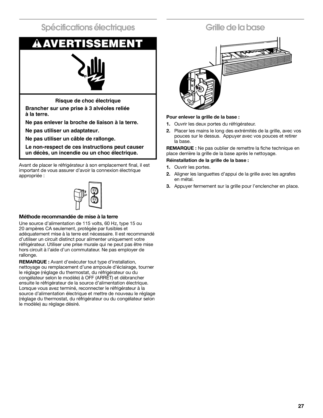 Whirlpool RS22AQXGN00 manual Spécifications électriques, Grille de la base, Méthode recommandée de mise à la terre 