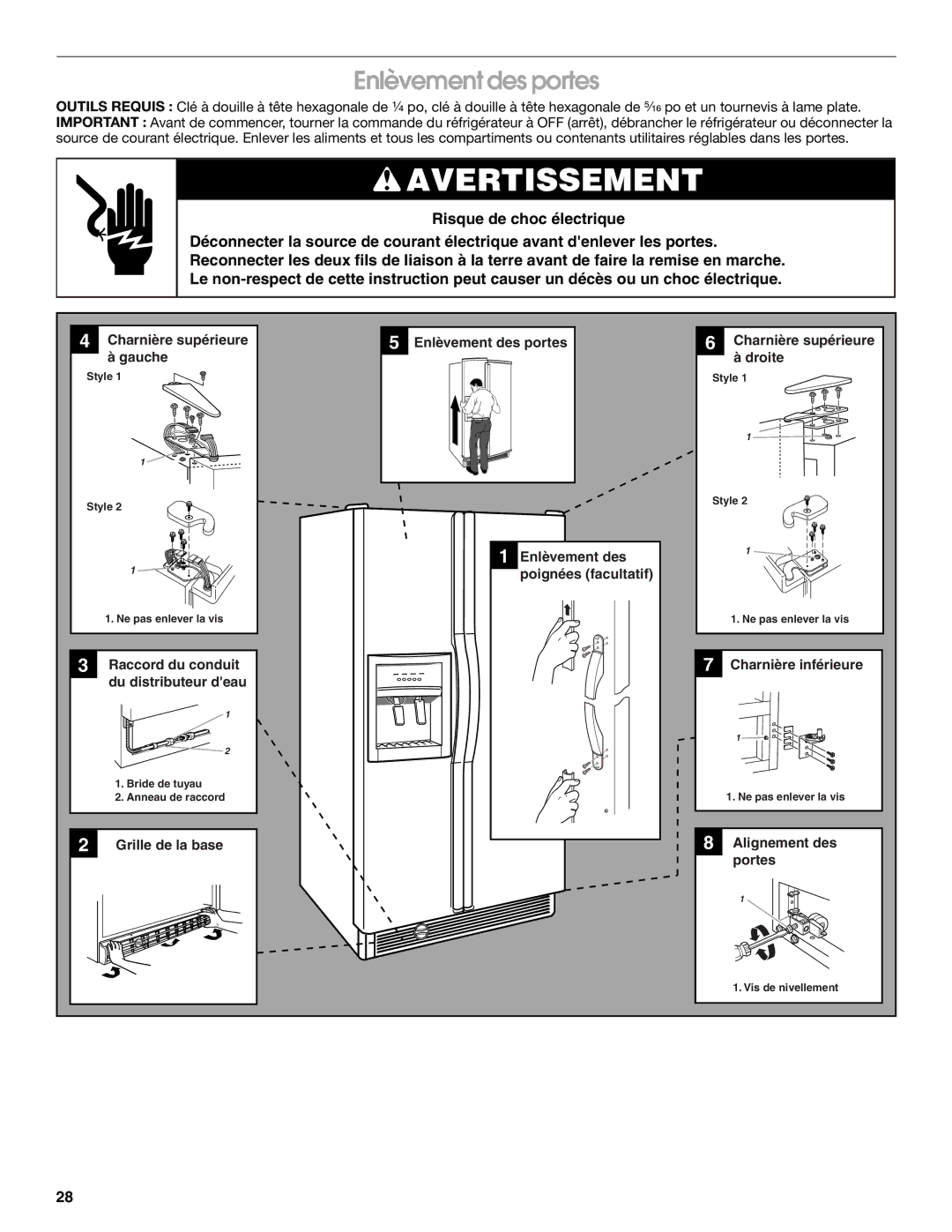 Whirlpool RS22AQXGN00 manual Enlèvement des portes, Grille de la base Alignement des Portes 