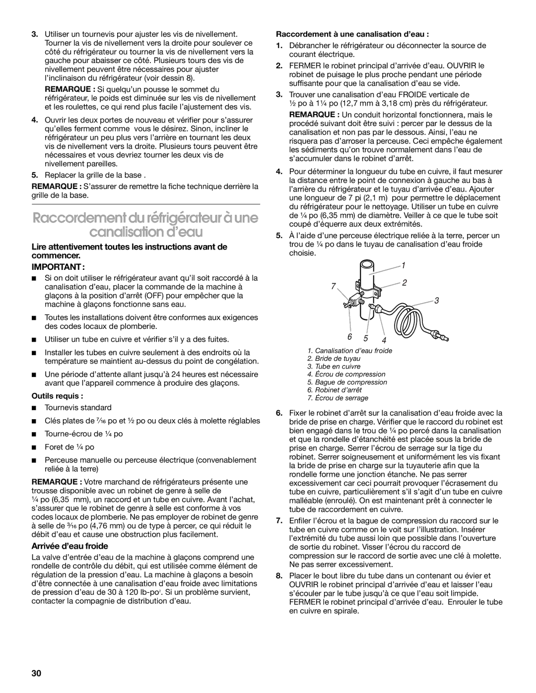 Whirlpool RS22AQXGN00 manual Raccordement du réfrigérateur à une Canalisation d’eau, Arrivée d’eau froide, Outils requis 