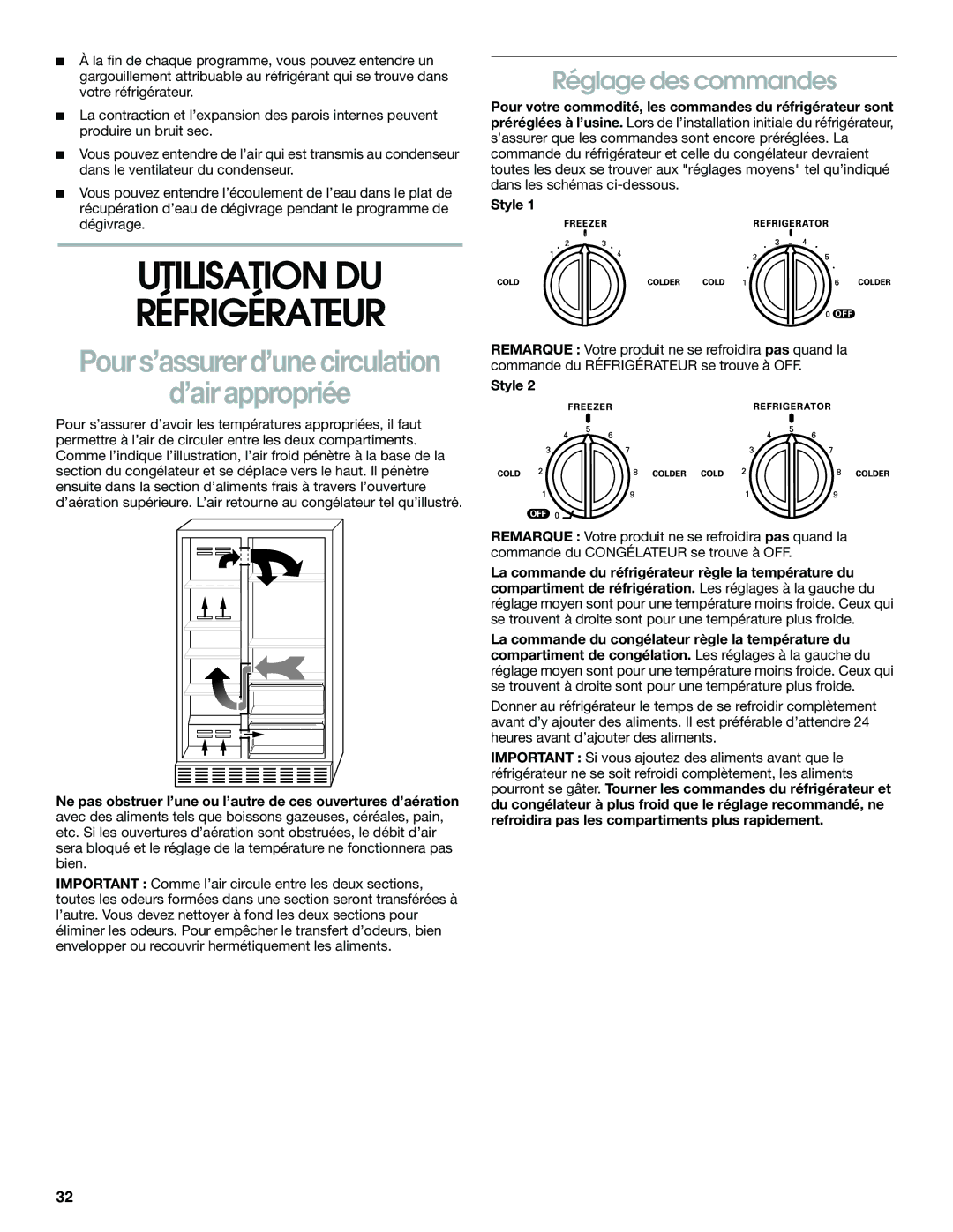 Whirlpool RS22AQXGN00 manual Utilisation DU Réfrigérateur, Réglage des commandes 