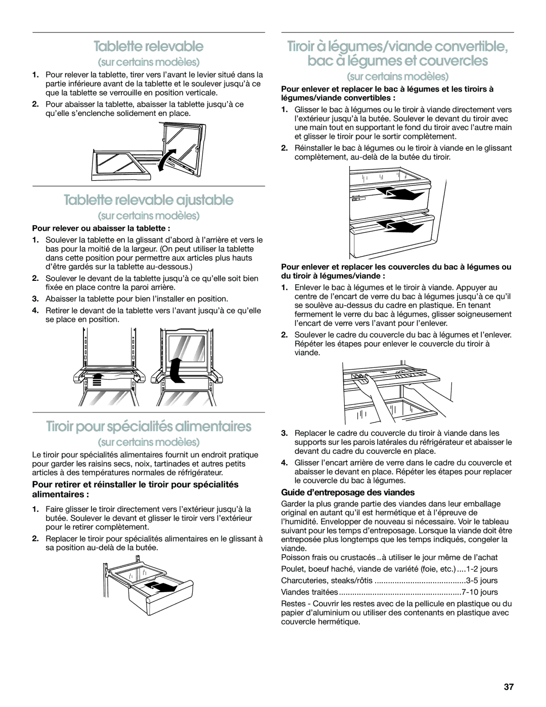 Whirlpool RS22AQXGN00 manual Tablette relevable ajustable, Tiroir pour spécialités alimentaires 