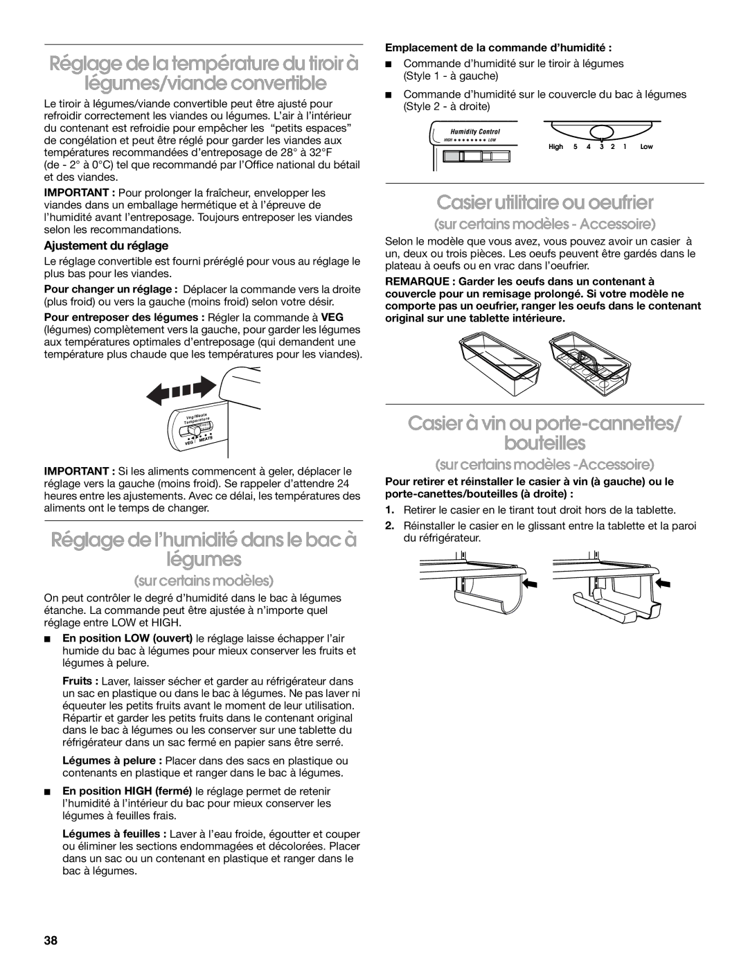 Whirlpool RS22AQXGN00 Casier utilitaire ou oeufrier, Réglage de l’humidité dans le bac à Légumes, Ajustement du réglage 