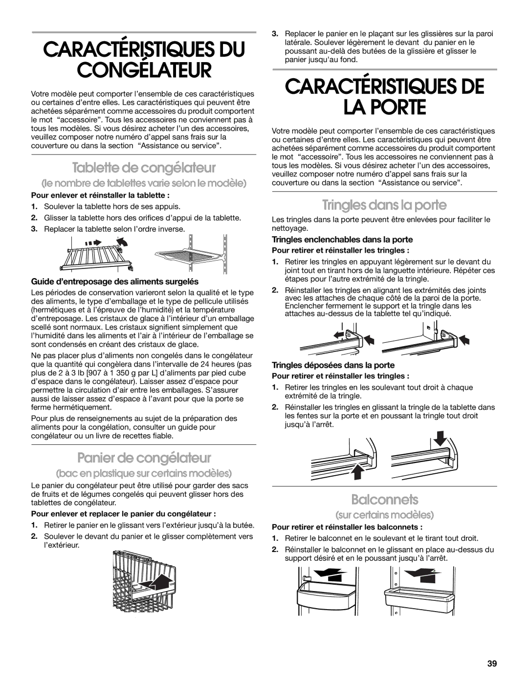 Whirlpool RS22AQXGN00 manual Congélateur, Caractéristiques DE LA Porte 