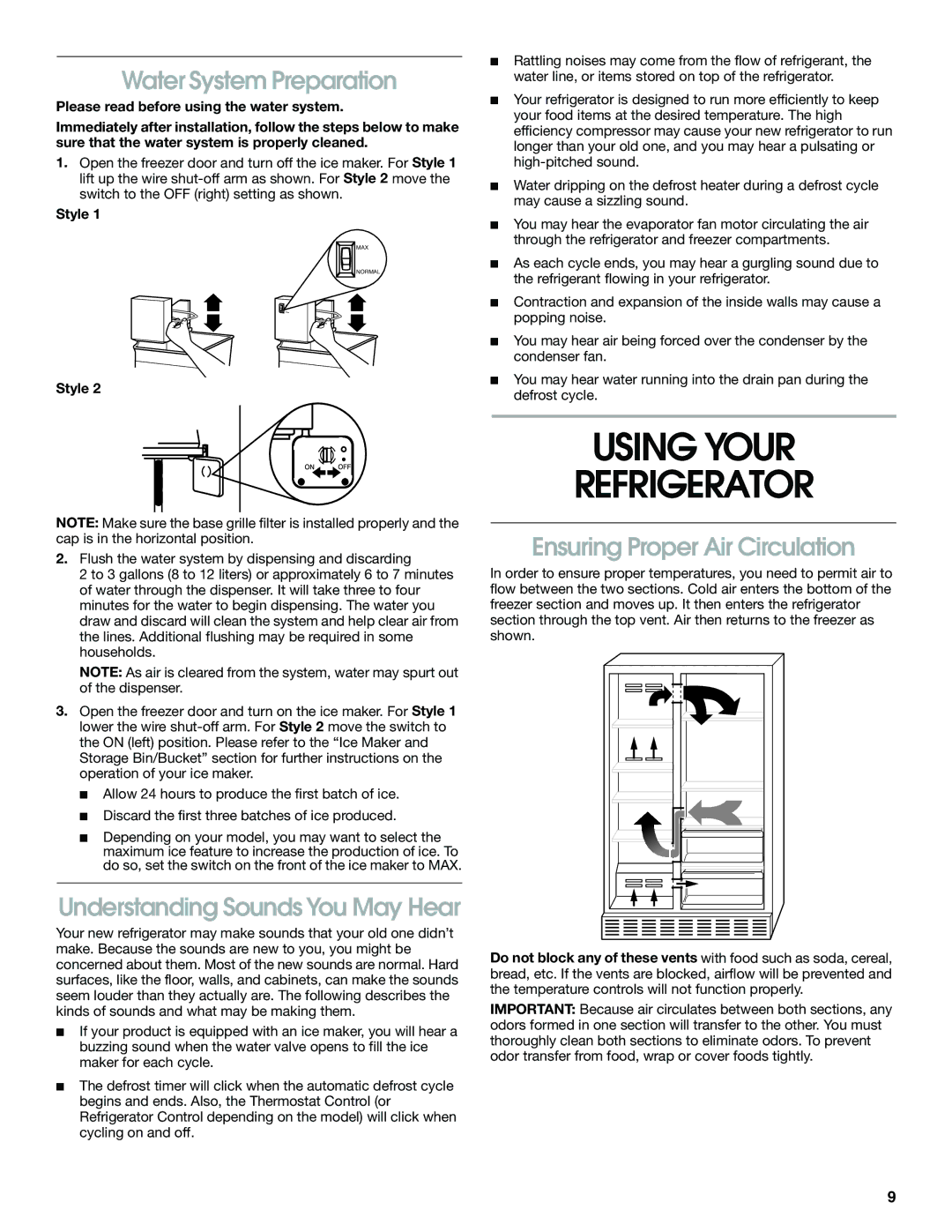 Whirlpool RS22AQXGN00 manual Using Your Refrigerator, Water System Preparation, Understanding Sounds You May Hear, Style 