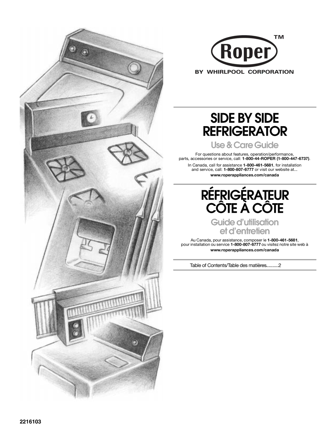 Whirlpool RS22AQXGN03 manual Side by Side Refrigerator, Réfrigérateur Côte À Côte, Use & Care Guide 