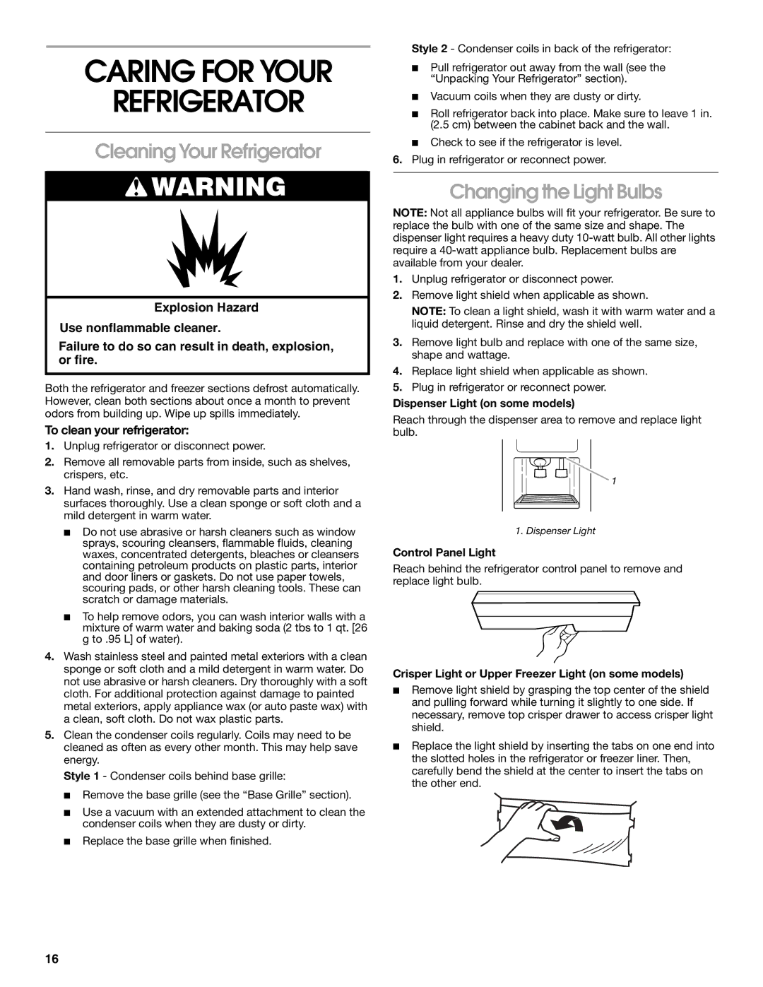 Whirlpool RS22AQXGN03 manual Caring for Your Refrigerator, Cleaning Your Refrigerator, Changing the Light Bulbs 