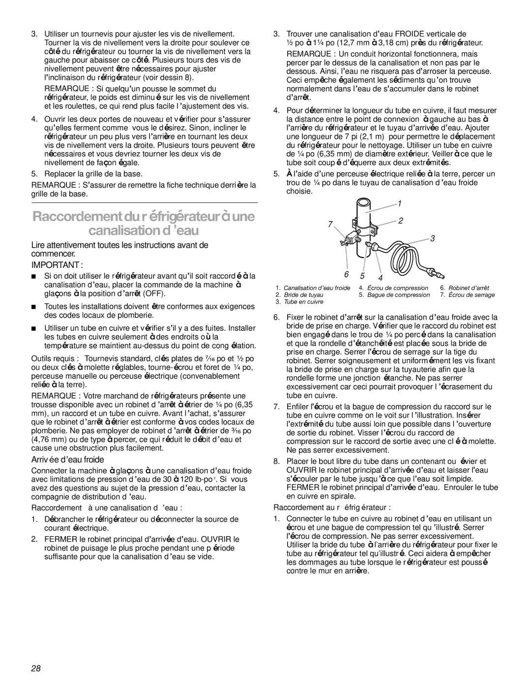 Whirlpool RS22AQXGN03 manual Raccordement du réfrigérateur à une Canalisation d’eau, Arrivée d’eau froide 