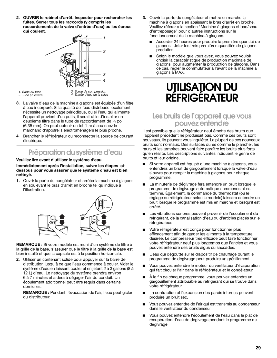 Whirlpool RS22AQXGN03 manual Utilisation DU Réfrigérateur, Préparation du système d’eau 