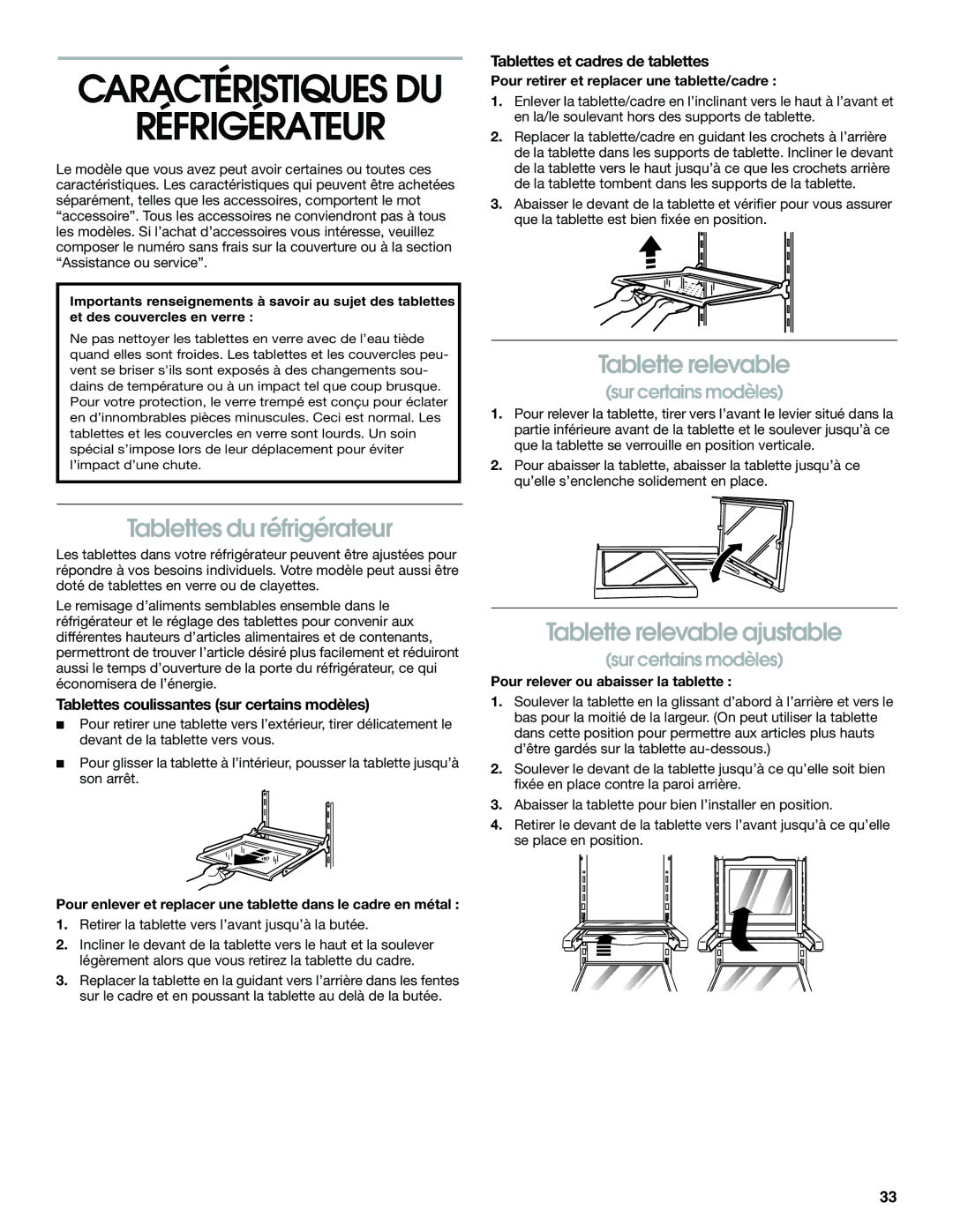 Whirlpool RS22AQXGN03 manual Tablettes du réfrigérateur, Tablette relevable ajustable, Tablettes et cadres de tablettes 