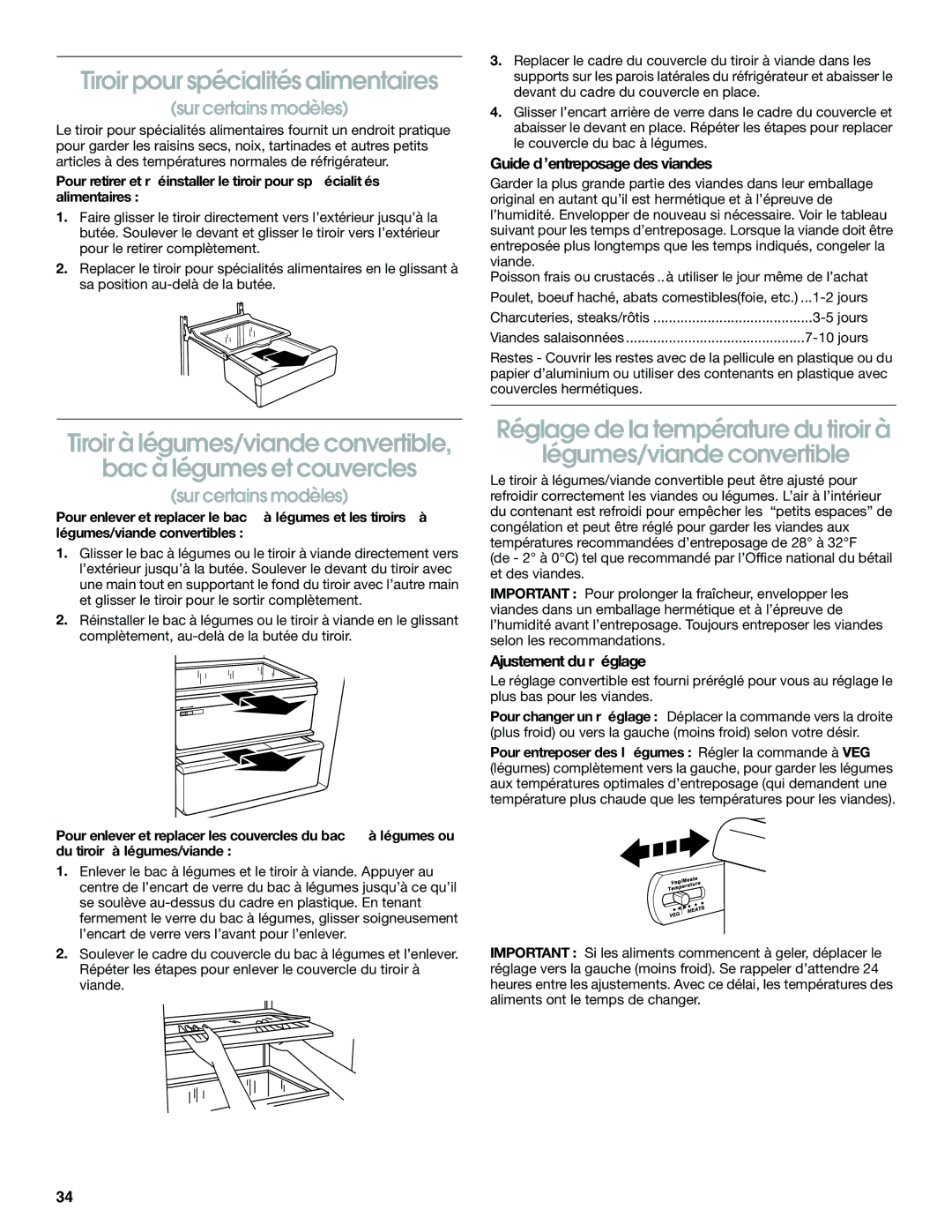 Whirlpool RS22AQXGN03 manual Tiroir pour spécialités alimentaires, Guide d’entreposage des viandes, Ajustement du réglage 