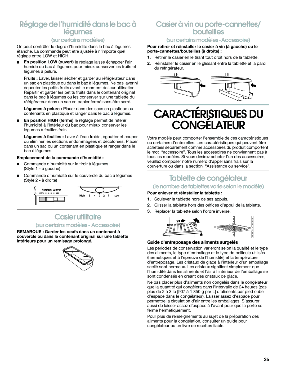 Whirlpool RS22AQXGN03 Caractéristiques DU Congélateur, Réglage de l’humidité dans le bac à Légumes, Casier utilitaire 