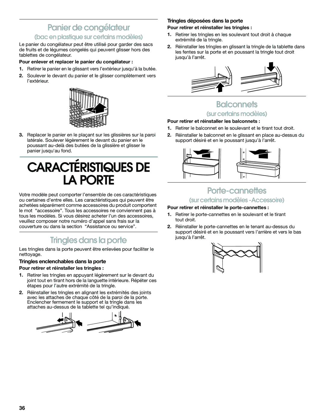 Whirlpool RS22AQXGN03 manual LA Porte, Panier de congélateur, Tringles dans la porte, Balconnets, Porte-cannettes 