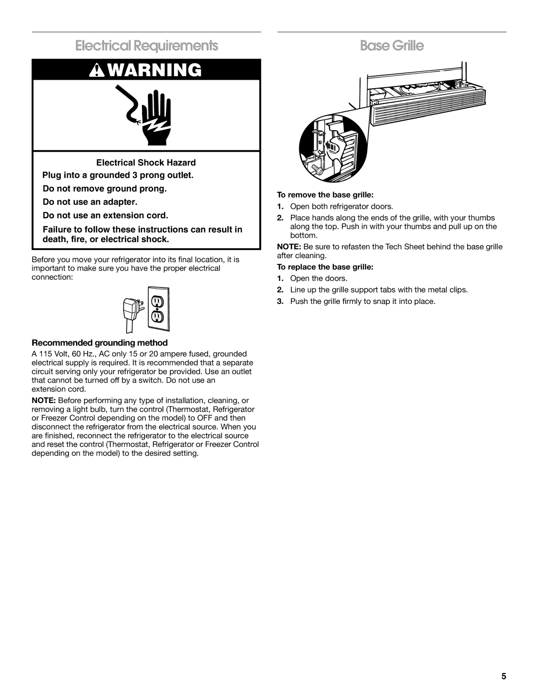 Whirlpool RS22AQXGN03 manual Electrical Requirements, Base Grille, Recommended grounding method, To remove the base grille 