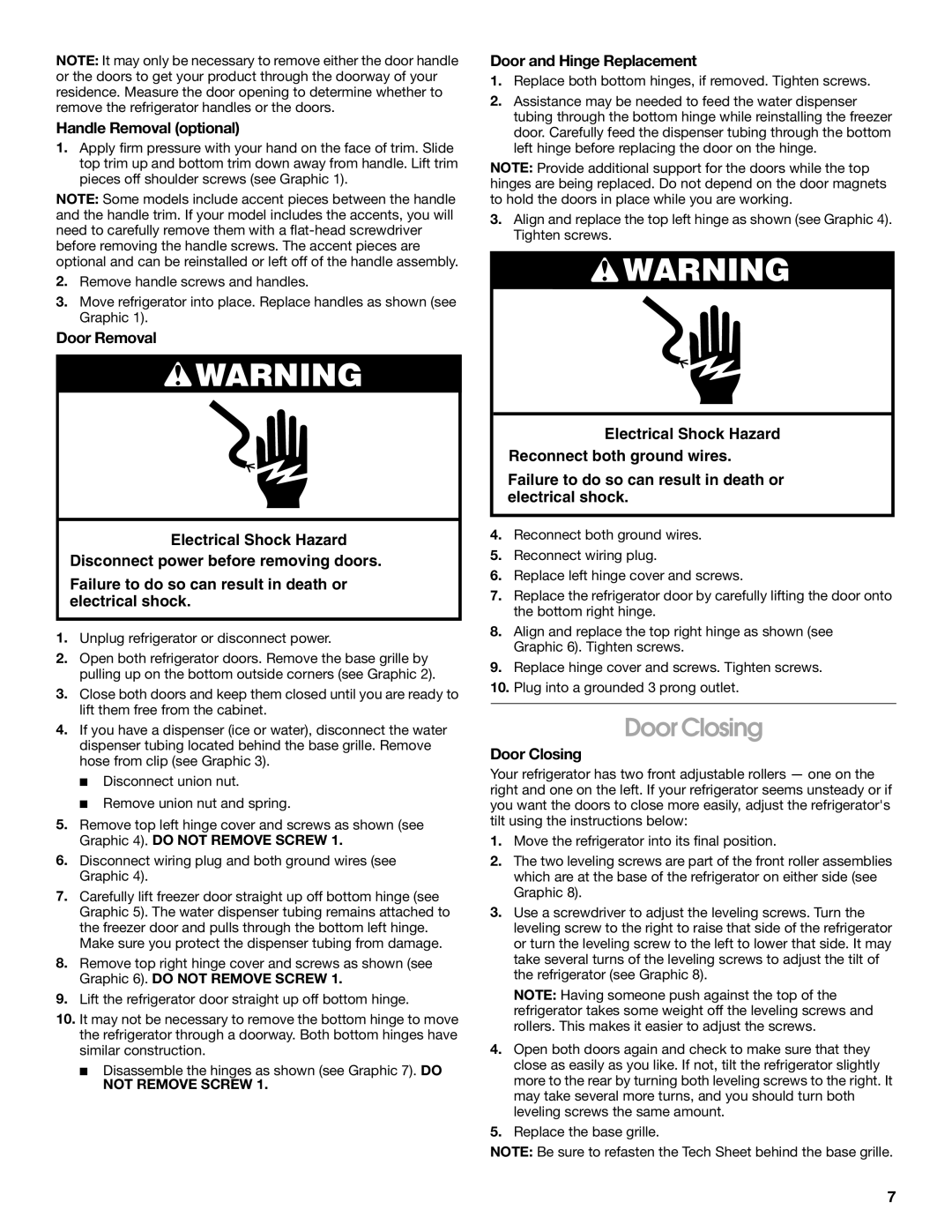 Whirlpool RS22AQXGN03 manual Door Closing, Handle Removal optional, Door and Hinge Replacement 