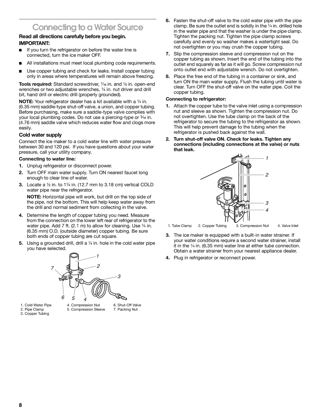 Whirlpool RS22AQXGN03 Connecting to a Water Source, Read all directions carefully before you begin, Cold water supply 