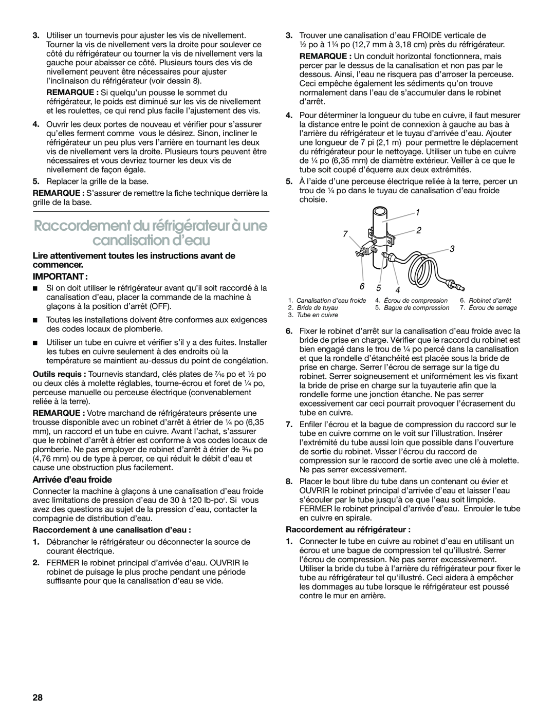 Whirlpool RS22AQXGN03 manual Raccordement du réfrigérateur à une canalisation d’eau, Arrivée d’eau froide 