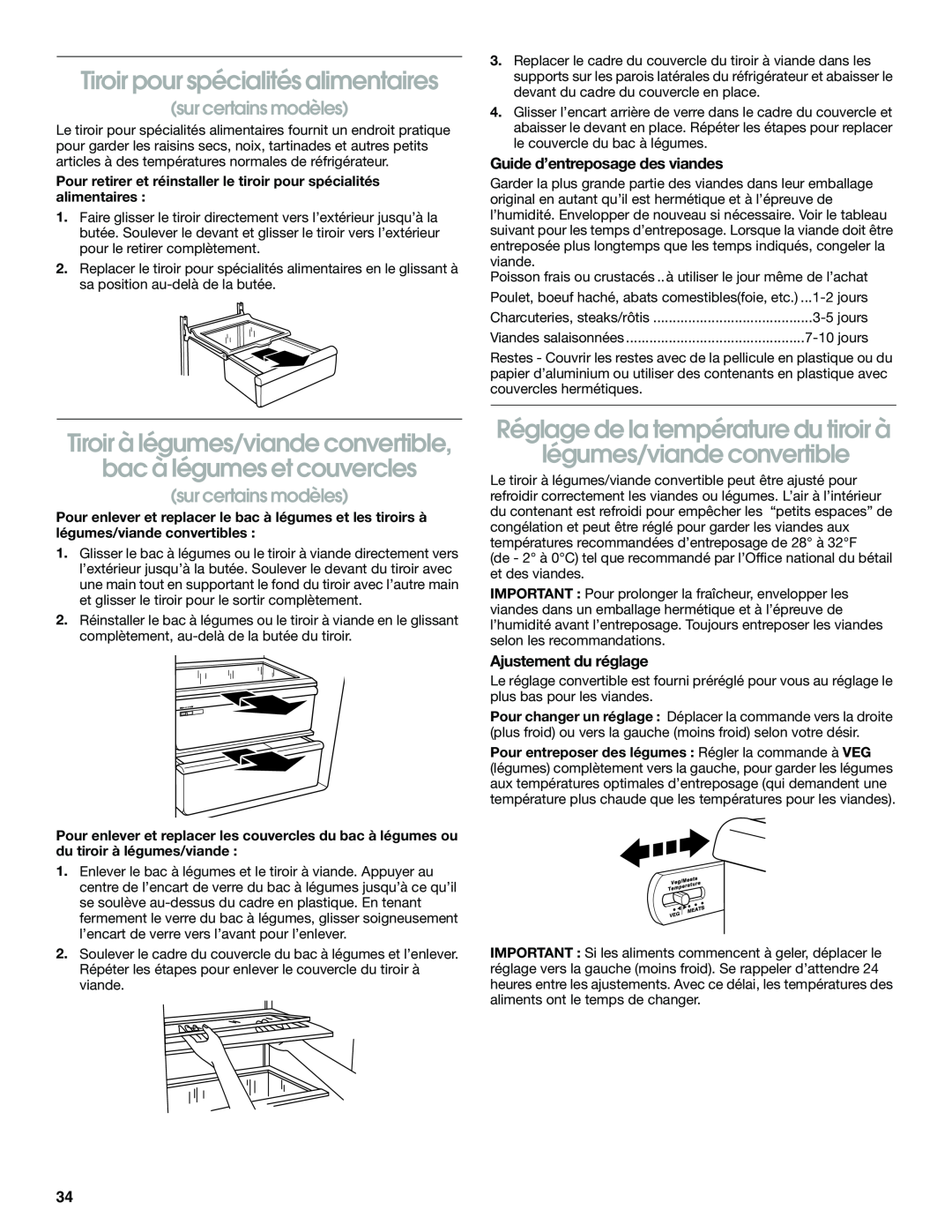 Whirlpool RS22AQXGN03 manual Tiroir pour spécialités alimentaires, sur certains modèles, Guide d’entreposage des viandes 