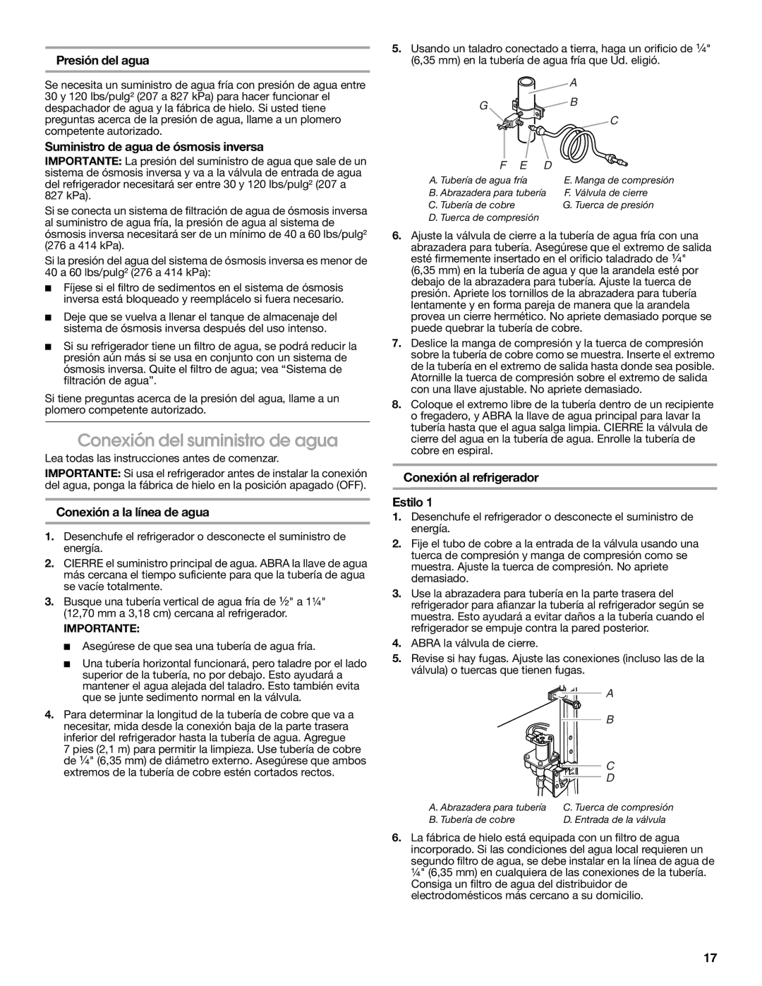 Whirlpool RS22AQXKQ00 warranty Conexión del suministro de agua, Presión del agua, Suministro de agua de ósmosis inversa 