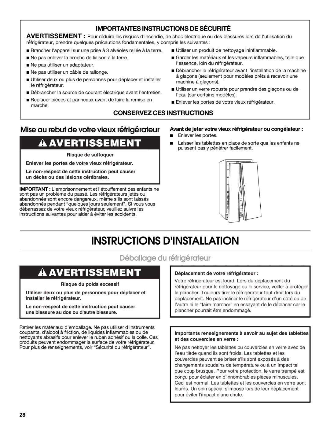 Whirlpool RS22AQXKQ00 warranty Instructions Dinstallation, Déballage du réfrigérateur 