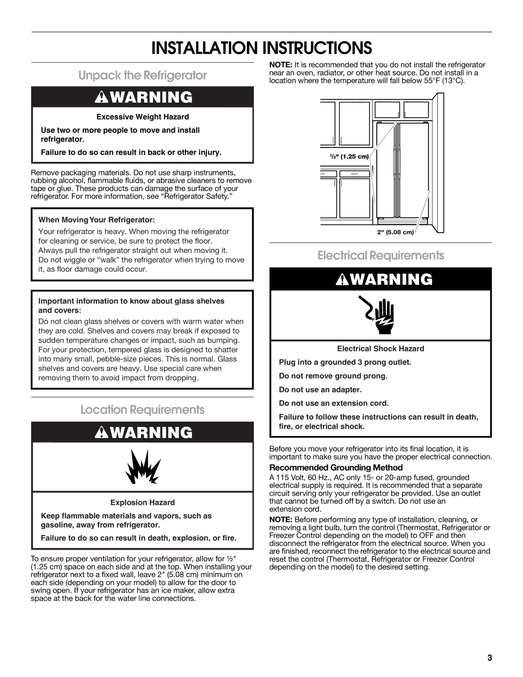 Whirlpool RS22AQXKQ00 Installation Instructions, Unpack the Refrigerator, Location Requirements, Electrical Requirements 