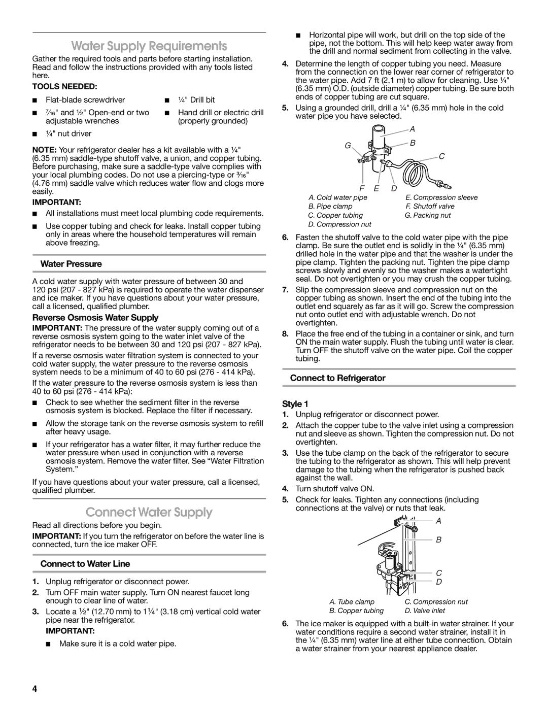 Whirlpool RS22AQXKQ00 warranty Water Supply Requirements, Connect Water Supply 