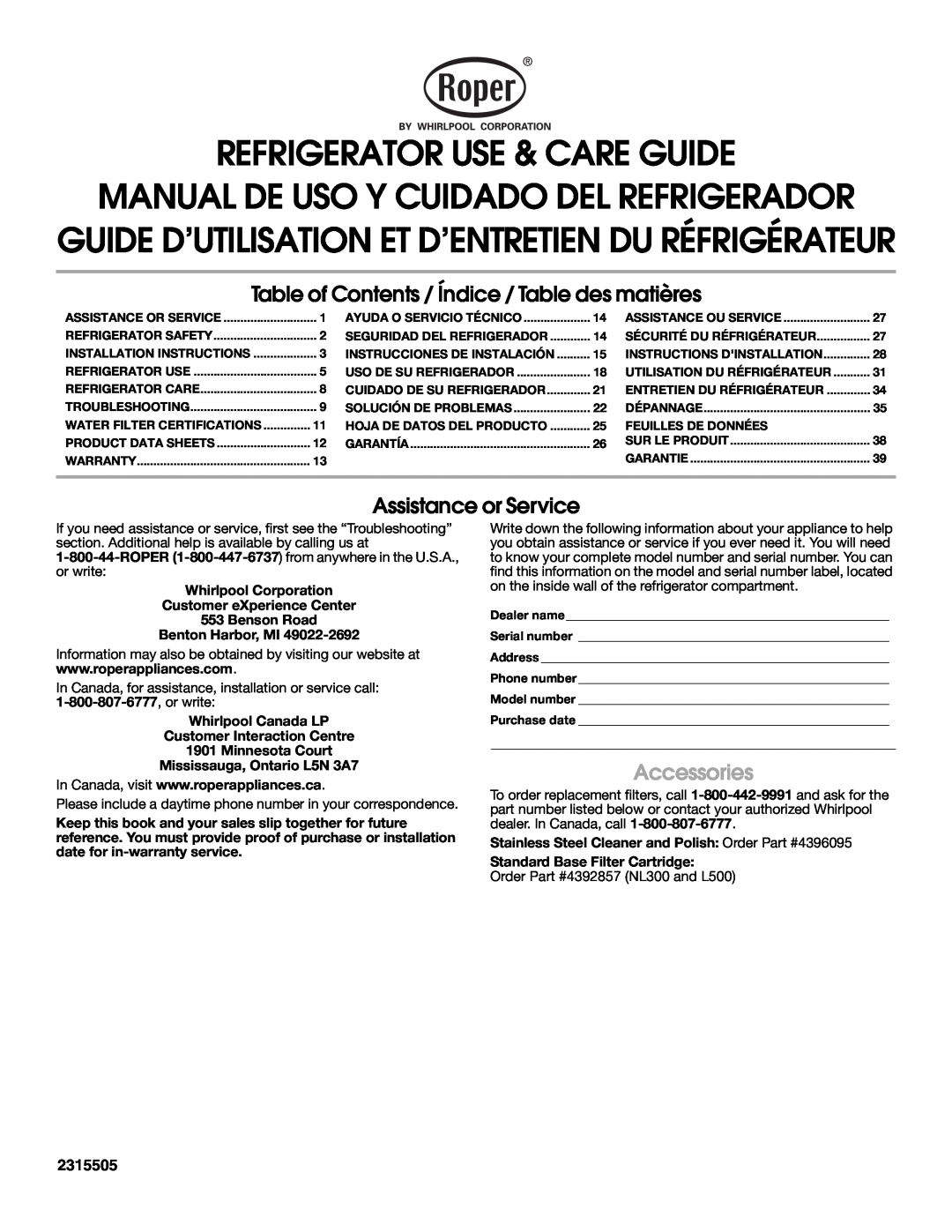Whirlpool RS22AQXKQ00 warranty Refrigerator Use & Care Guide, Manual De Uso Y Cuidado Del Refrigerador, Accessories 