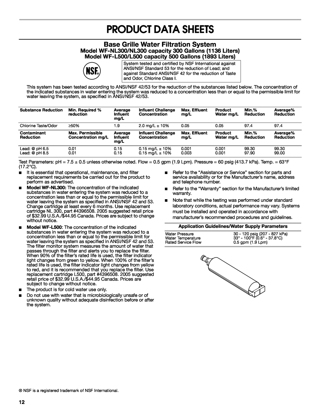 Whirlpool RS22AQXKQ00 warranty Product Data Sheets, Base Grille Water Filtration System 