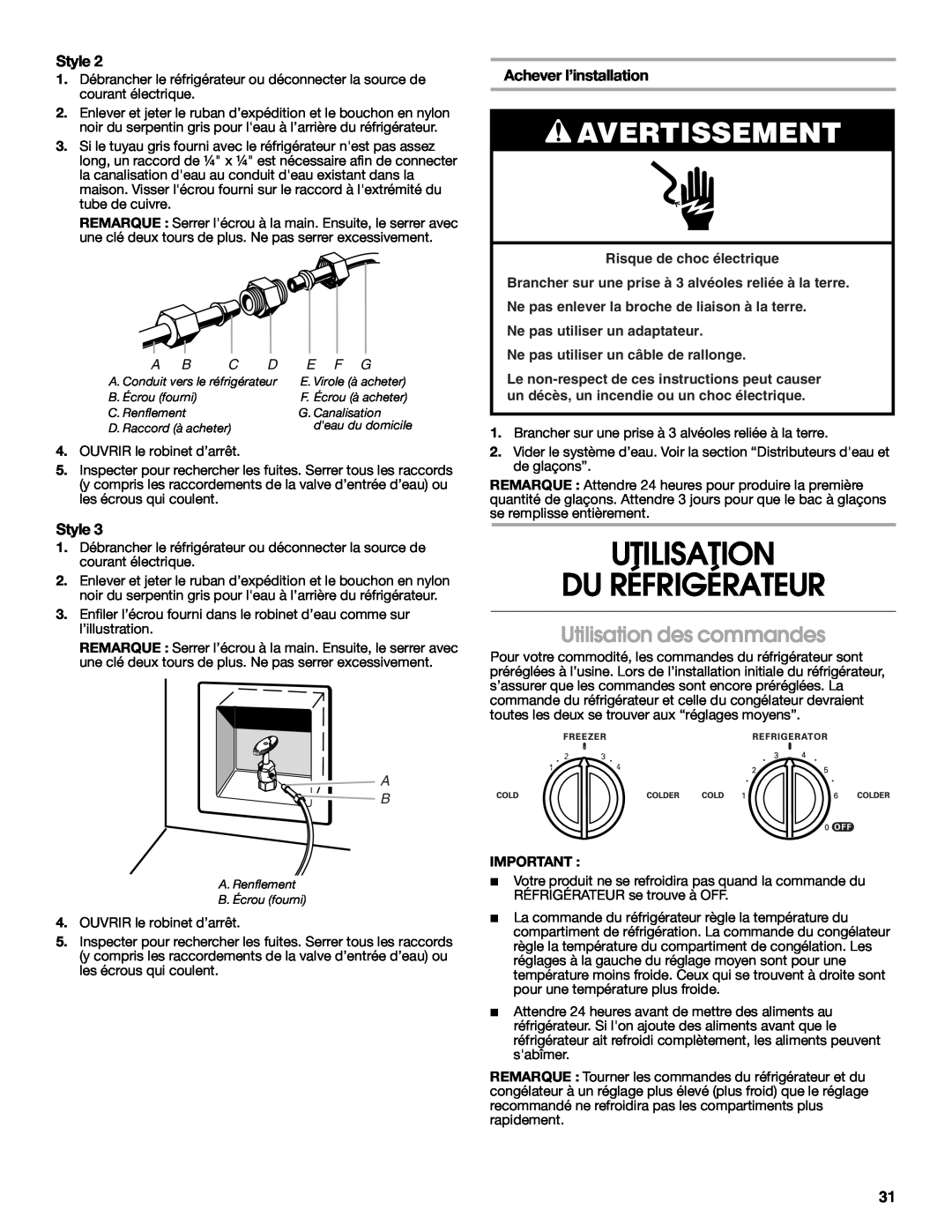 Whirlpool RS22AQXKQ00 warranty Utilisation Du Réfrigérateur, Utilisation des commandes, Avertissement, Style, E F G 
