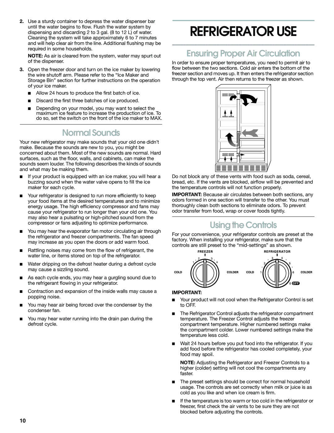 Whirlpool RS22AQXKQ02 manual Refrigerator USE, Normal Sounds, Ensuring Proper Air Circulation, Using the Controls 