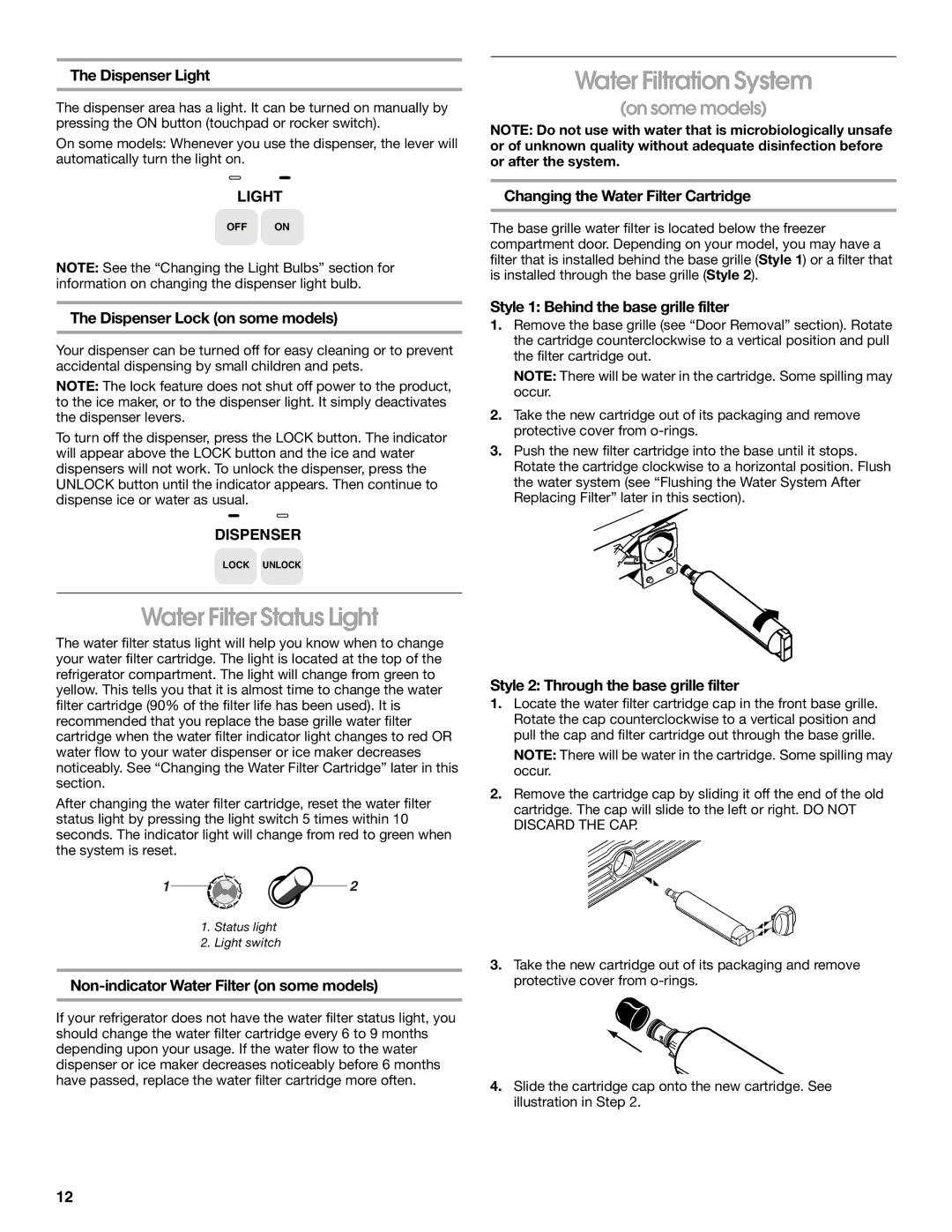 Whirlpool RS22AQXKQ02 manual Water Filtration System, Water Filter Status Light 