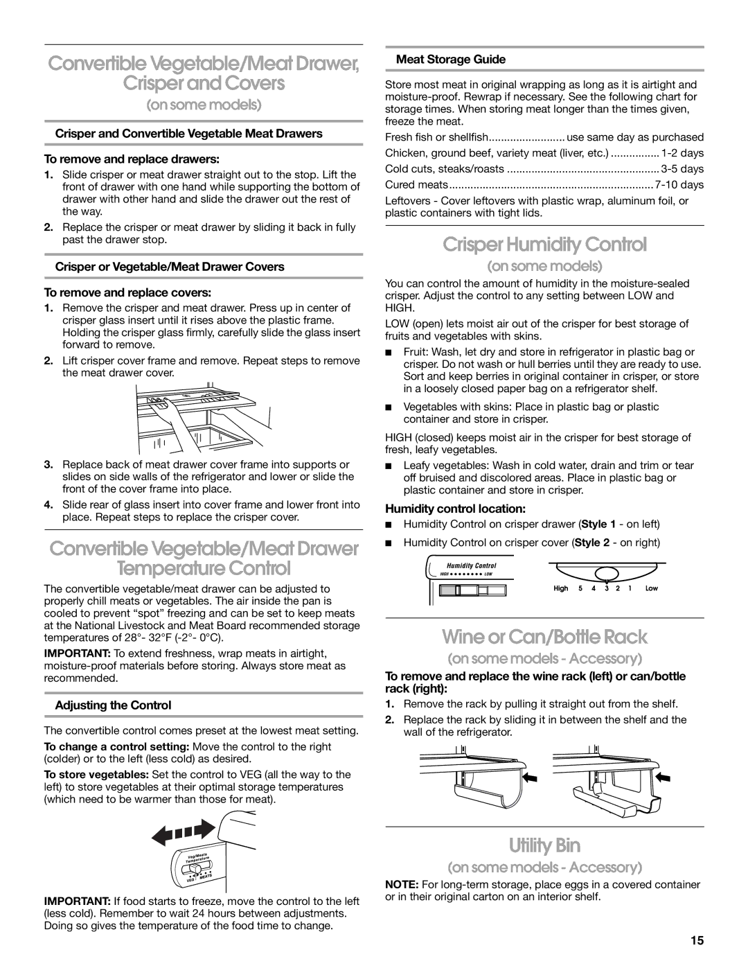 Whirlpool RS22AQXKQ02 manual Convertible Vegetable/Meat Drawer Crisper and Covers, Crisper Humidity Control, Utility Bin 