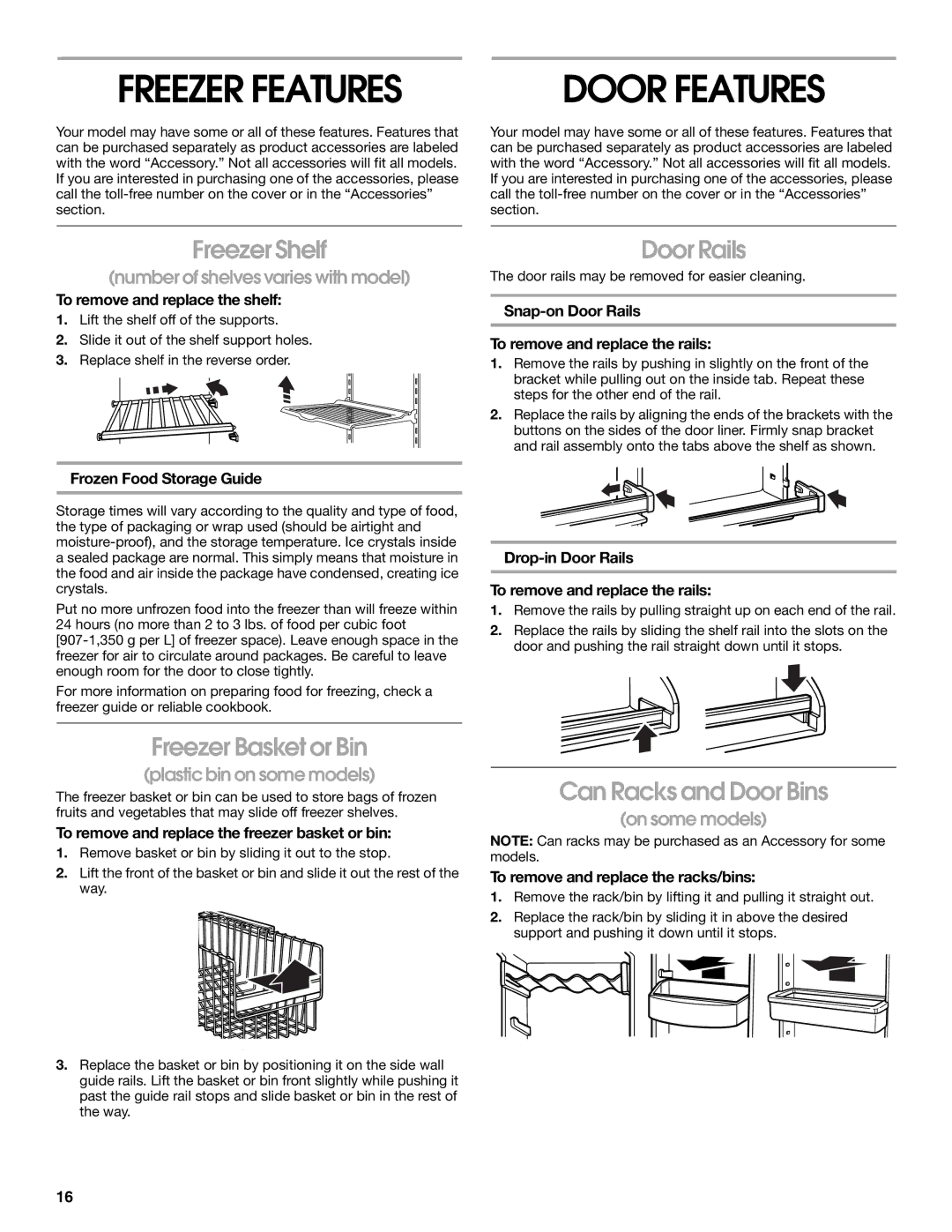 Whirlpool RS22AQXKQ02 manual Freezer Features, Freezer Shelf, Door Rails, Freezer Basket or Bin, Can Racks and Door Bins 