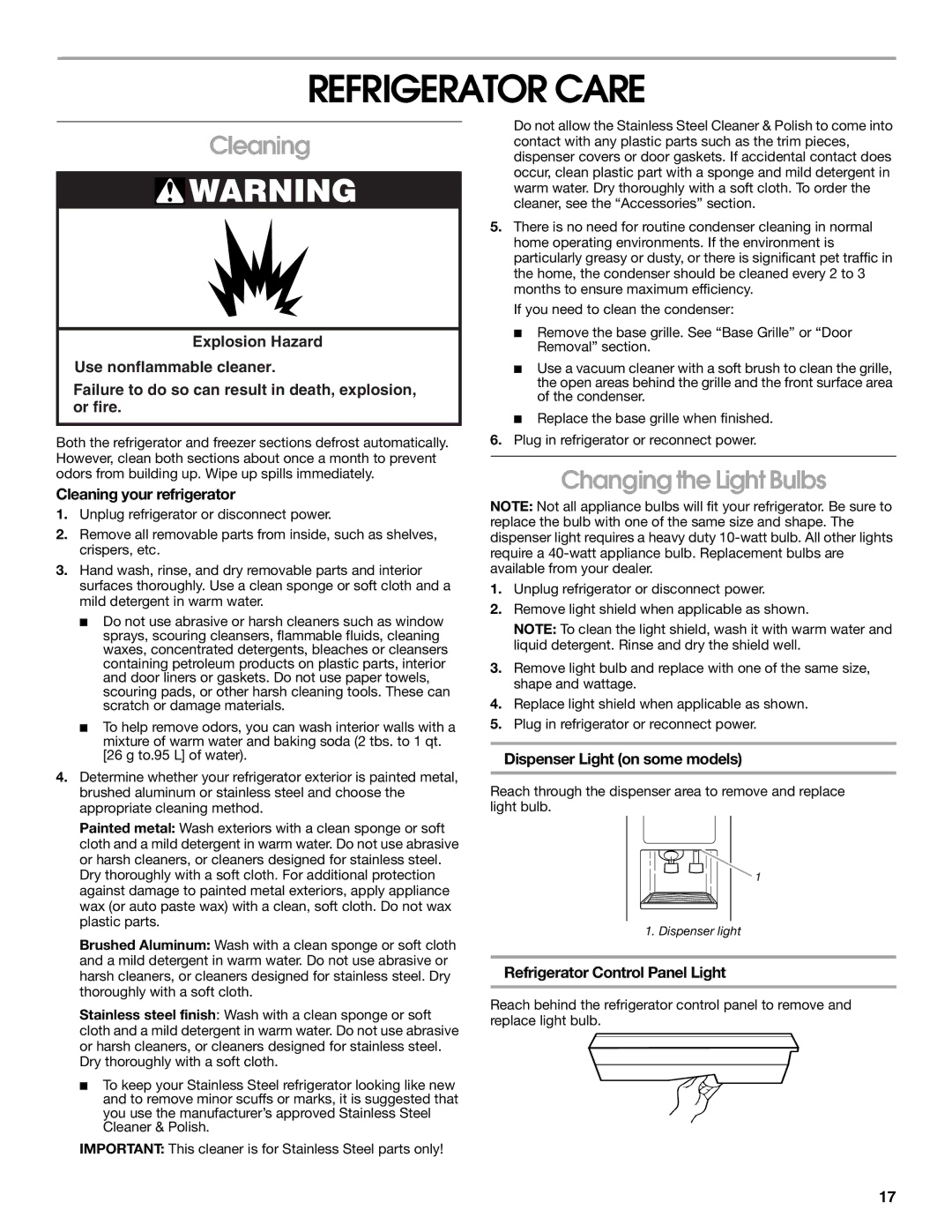 Whirlpool RS22AQXKQ02 manual Refrigerator Care, Cleaning, Changing the Light Bulbs 