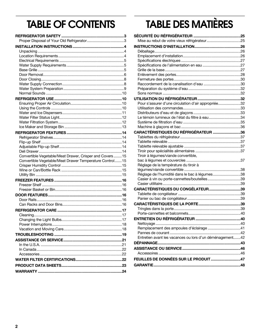 Whirlpool RS22AQXKQ02 manual Table DES Matières 