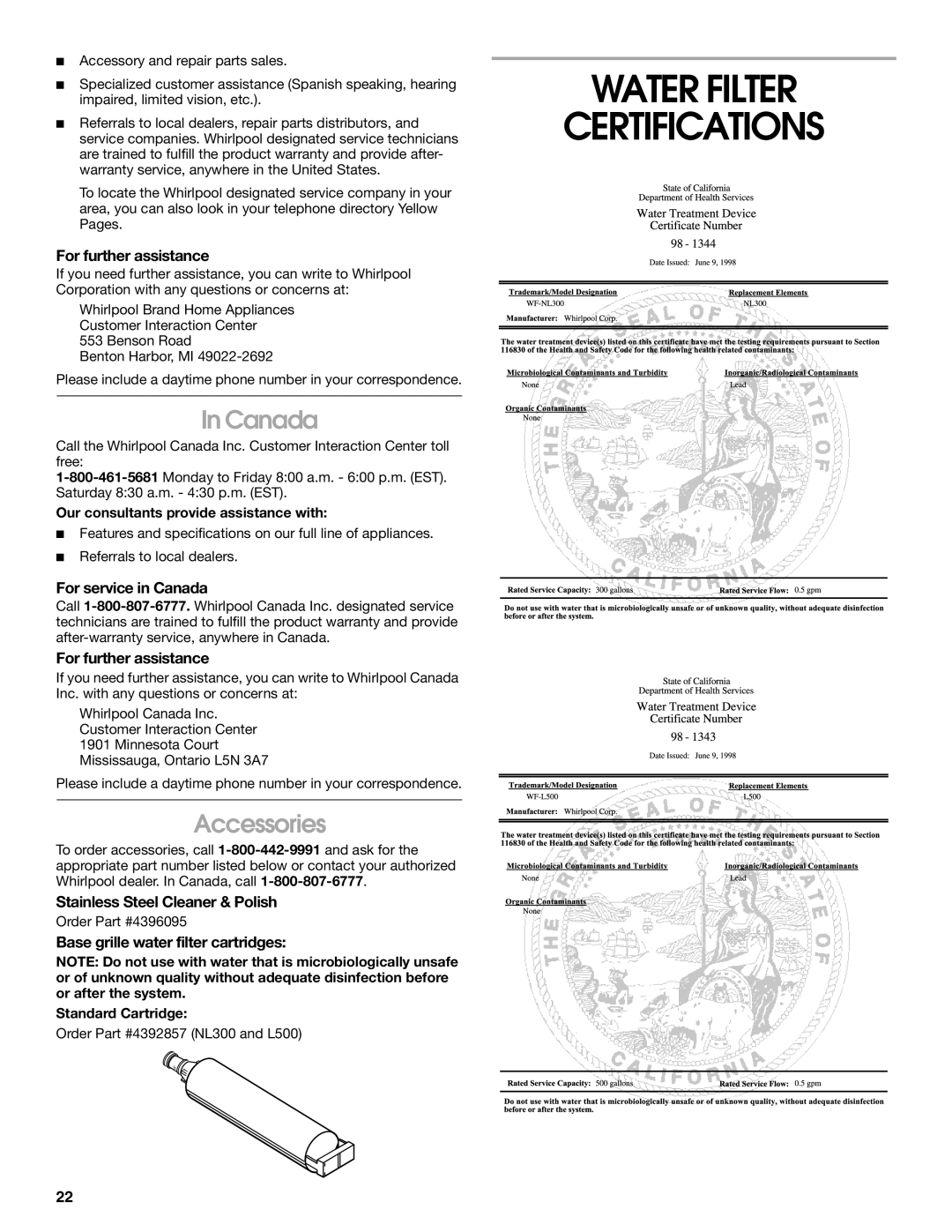 Whirlpool RS22AQXKQ02 manual Water Filter Certifications, Canada, Accessories 