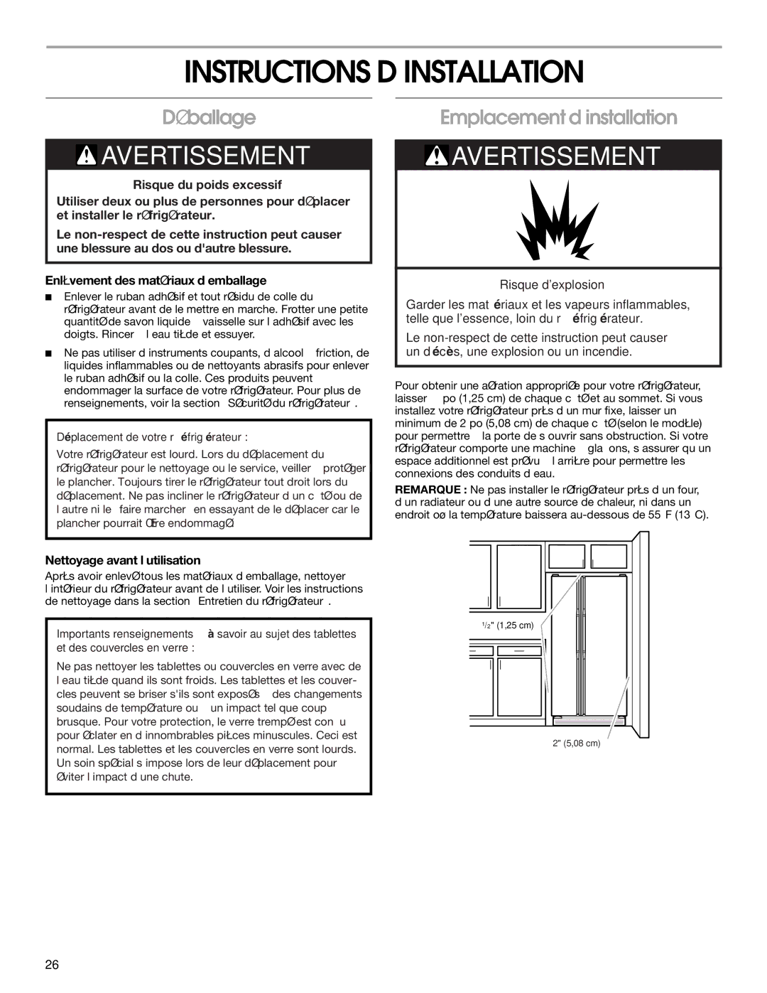 Whirlpool RS22AQXKQ02 Instructions D’INSTALLATION, Déballage, Emplacement d’installation, Nettoyage avant l’utilisation 