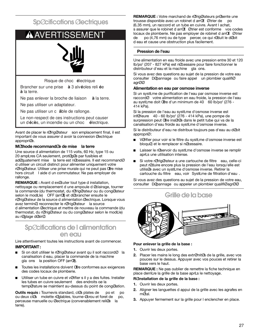 Whirlpool RS22AQXKQ02 manual Spécifications électriques, Spécifications de l’alimentation En eau, Grille de la base 