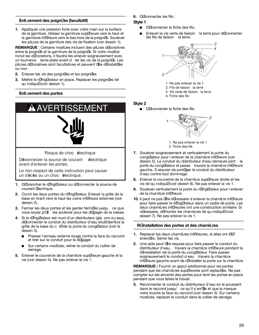 Whirlpool RS22AQXKQ02 manual Enlèvement des poignées facultatif, Enlèvement des portes, Déconnecter la fiche des fils 