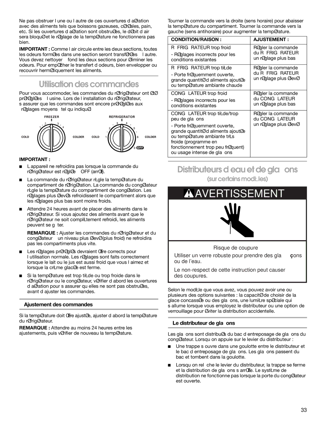 Whirlpool RS22AQXKQ02 manual Utilisation des commandes, Distributeurs d’eau et de glaçons, Ajustement des commandes 