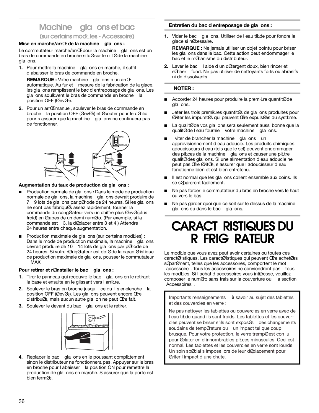 Whirlpool RS22AQXKQ02 manual Caractéristiques DU Réfrigérateur, Machine à glaçons et bac, Sur certains modèles Accessoire 