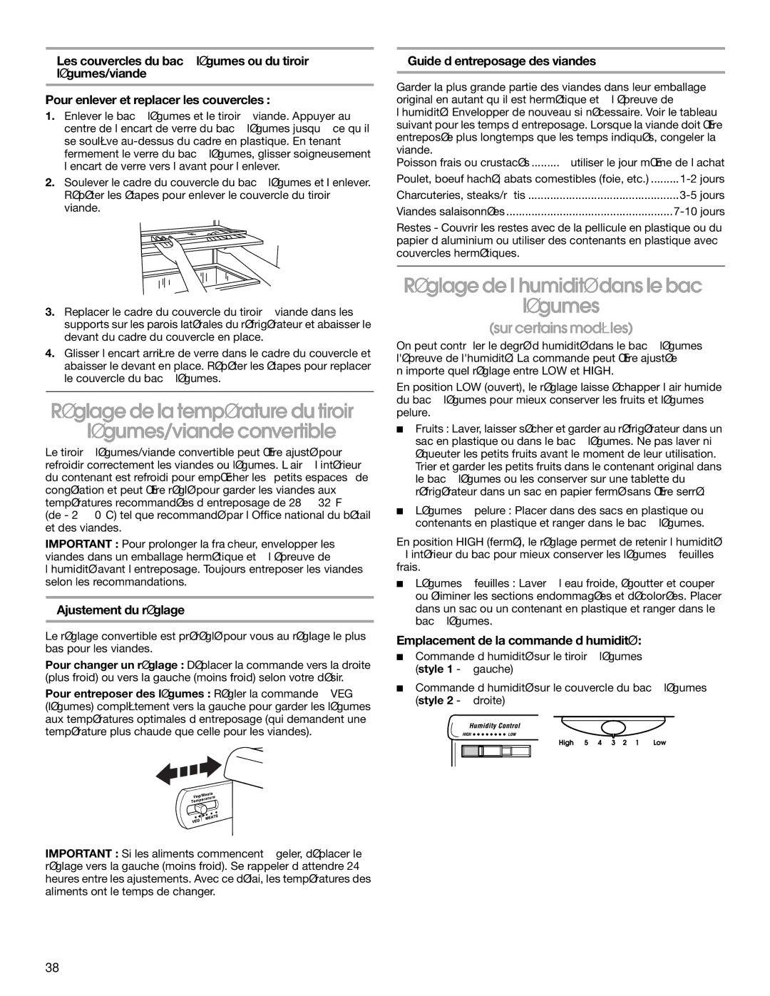 Whirlpool RS22AQXKQ02 Réglage de l’humidité dans le bac à Légumes, Ajustement du réglage, Guide d’entreposage des viandes 